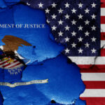 DOJ Threatens INJUNCTION — Virginia Crossed the Line… Flags of the US and Department of Justice, cracked background.