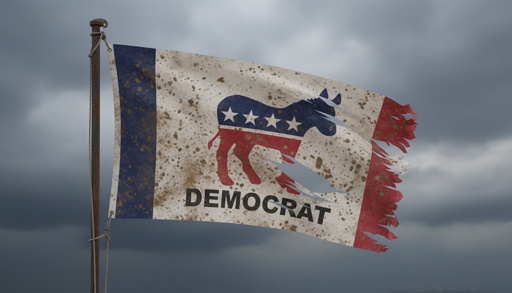 shutterstock_2731265527.jpg A weathered flag featuring the Democratic Party symbol and the word 'DEMOCRAT'