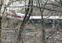 Freight Train vs. Septic Truck: VIRAL CHAOS! Train derailed in forested area, view through trees.