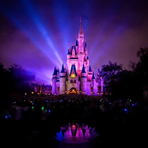 Illuminated Disney castle with colorful lights at night