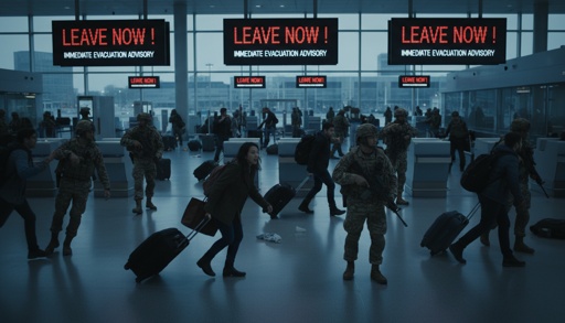Crowd of people in an airport responding to evacuation alerts with military personnel present