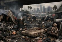 Staged Homeless Encampment SHOCKS Los Angeles Politics… A homeless encampment with tents and debris in the foreground, city skyline visible in the background
