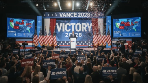 A political rally celebrating a victory with supporters holding signs