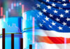 Pump Pain Persists — Crude Drops, Bills Don’t Oil barrels, American flag, and financial graphs.