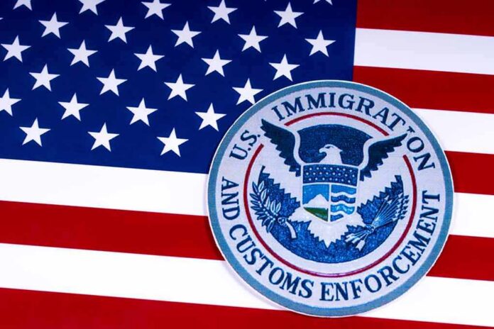 shutterstock_1055129180-1 U.S. immigration and customs enforcement seal on American flag