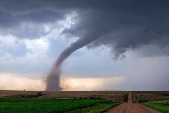 Tornado touching down over open farmland under dark storm clouds