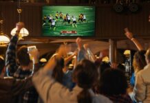 World Cup Stream Mystery: AP Goes Quiet Crowd cheering in a sports bar while watching a football game on a large screen