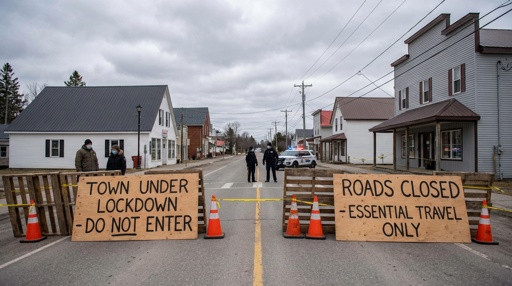 Barricades indicating a town lockdown with signs stating 'Do Not Enter' and 'Essential Travel Only'