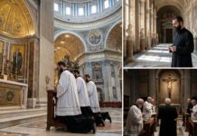 Bishop Backlash Looms After “Amazing” Gay Vows Clergy members kneeling in prayer inside a grand cathedral