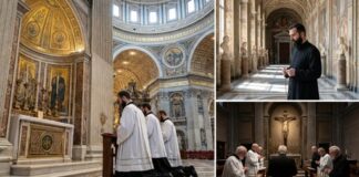 Clergy members kneeling in prayer inside a grand cathedral