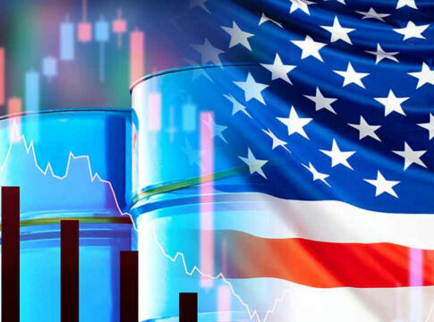 Oil barrels, American flag, and financial graphs.