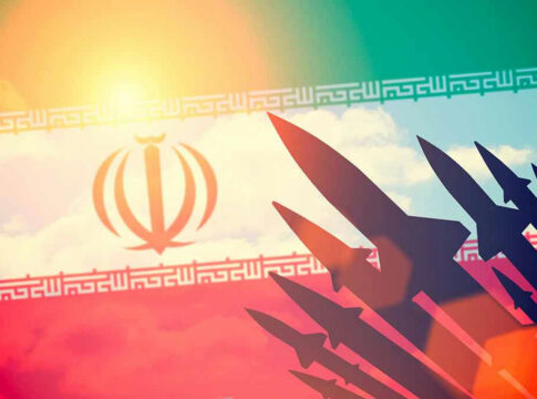 Iran flag with missile silhouettes.