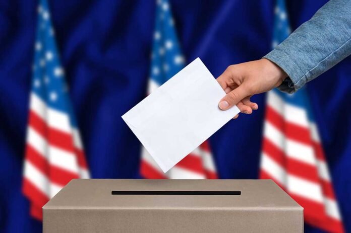 Hand inserting ballot into box, American flags background.