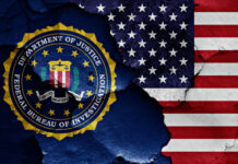 FBI logo beside partially torn American flag background.