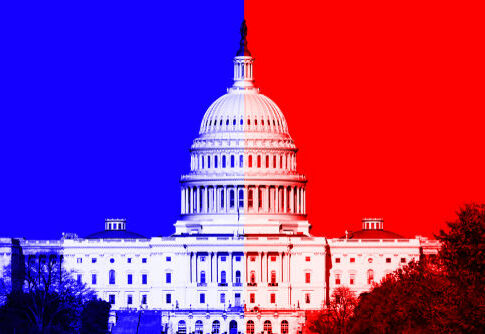 United States Capitol building with split red and blue color overlay