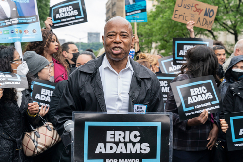 Eric Adams speaking at an election campaign rally.