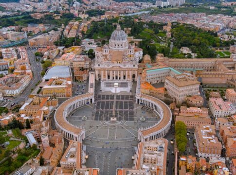 Aerial view of St. Peter's Basilica and surrounding buildings in Vatican City