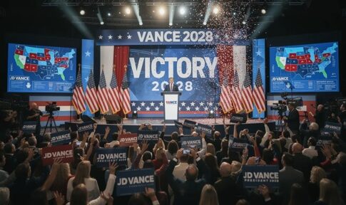 A political rally celebrating a victory with supporters holding signs
