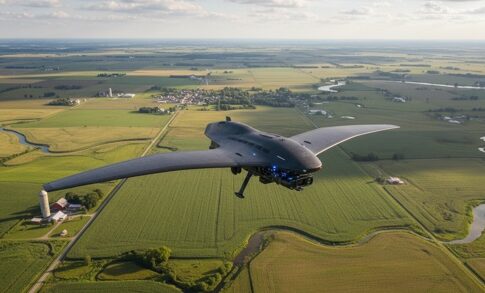 A drone flying over a vast agricultural landscape