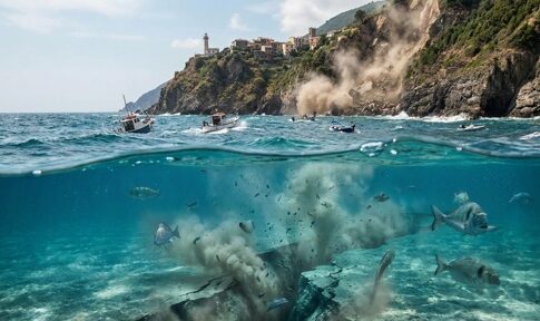 Underwater explosion with fish swimming and boats near a coastal village