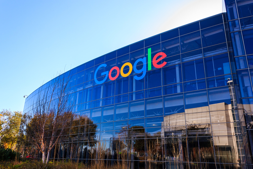 Google headquarters building with colorful logo.